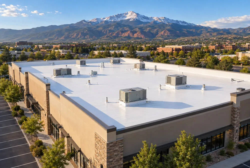 A commercial building with a white flat roof